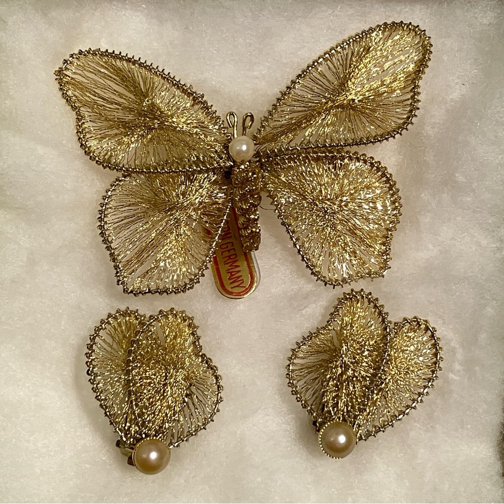 Vintage Handmade in Western Germany Gold Tone Butterfly Brooch Clip Earring Set